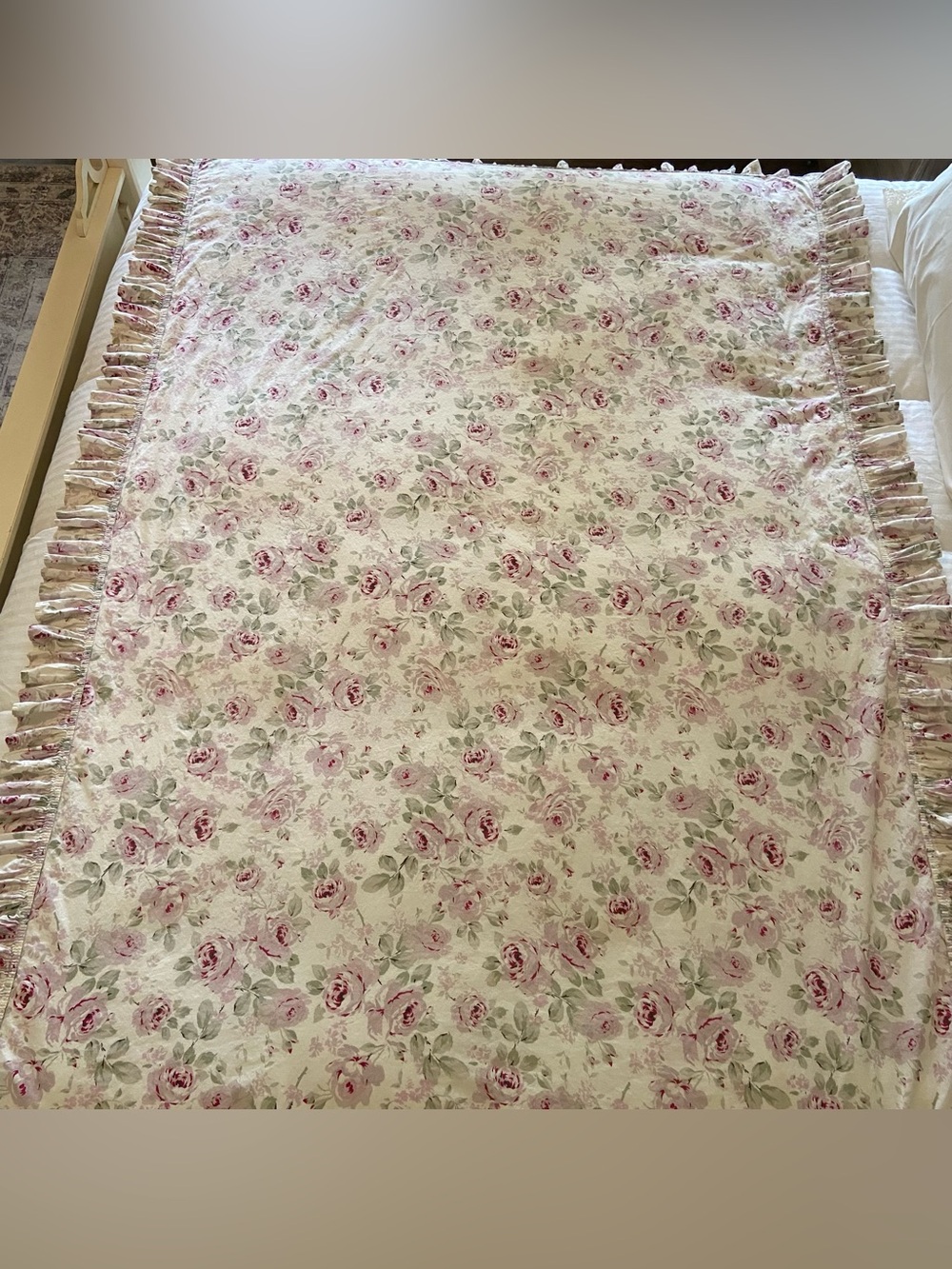 Simply Shabby Chic Pink Rose Floral Ruffled Tablecloth 52.5x78 Cottage Cotton